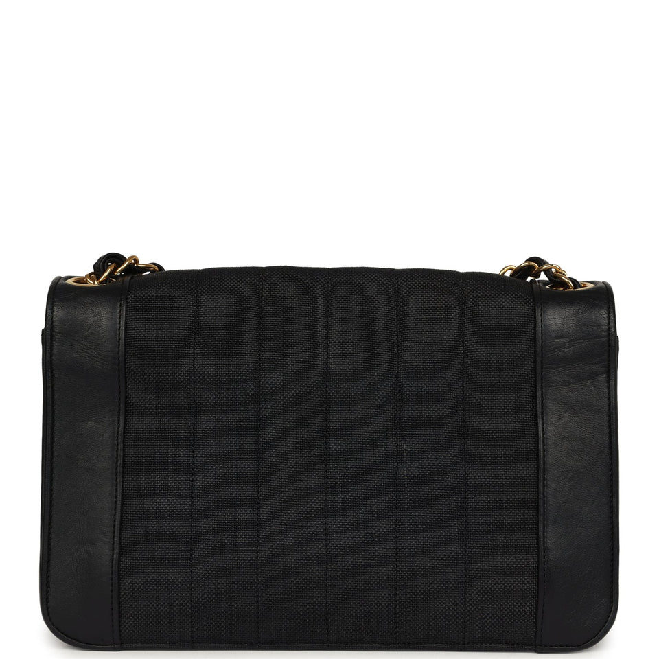 Chanel Vintage Vertical Border Flap Bag Black Linen and Lambskin Gold Hardware