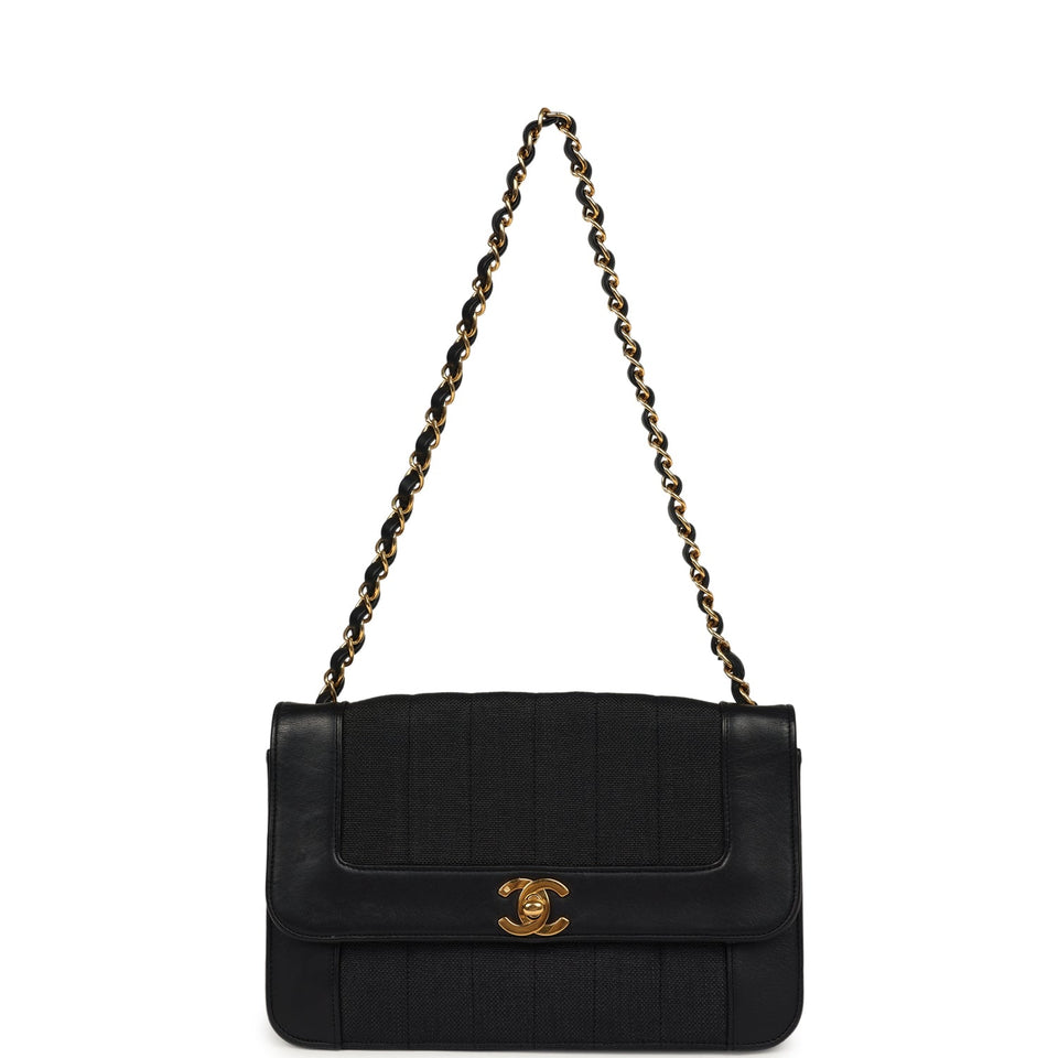 Chanel Vintage Vertical Border Flap Bag Black Linen and Lambskin Gold Hardware