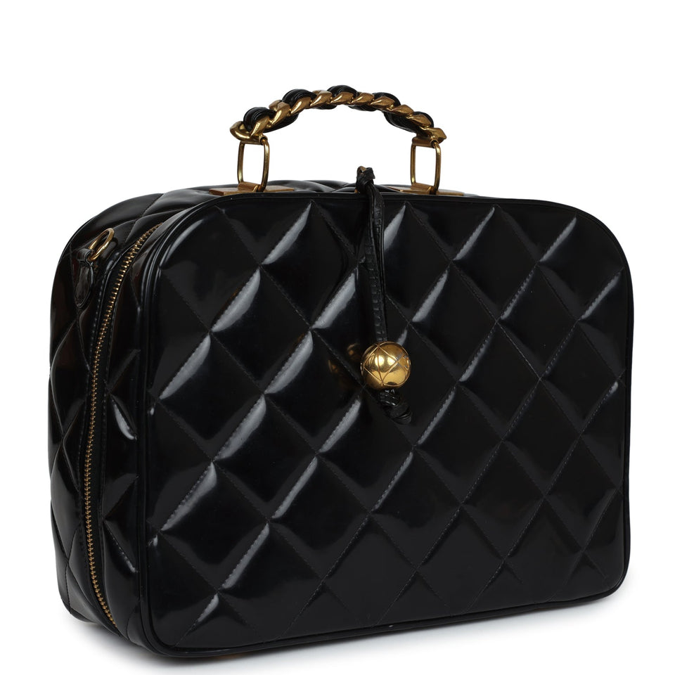 Chanel Vintage Lunchbox Vanity Black Patent Leather Gold Hardware
