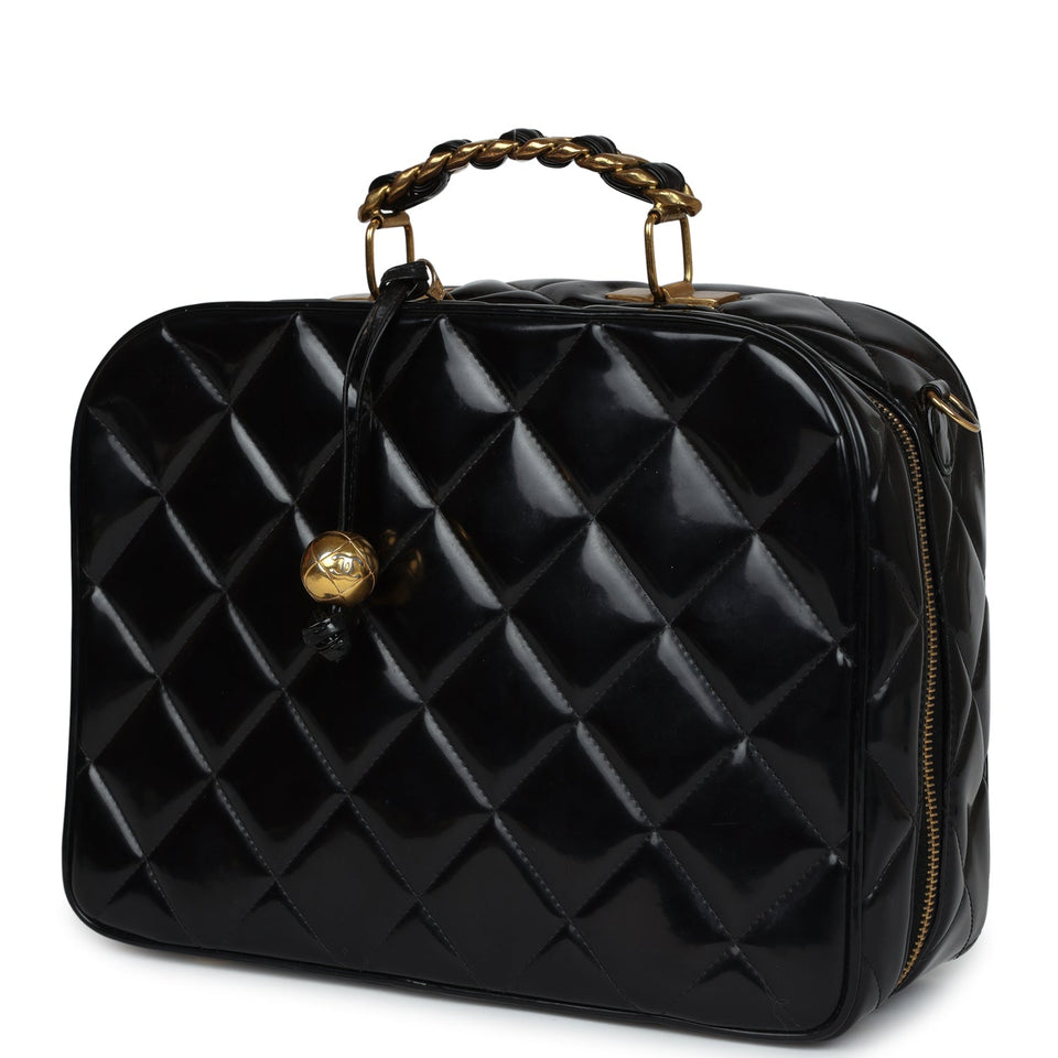 Chanel Vintage Lunchbox Vanity Black Patent Leather Gold Hardware