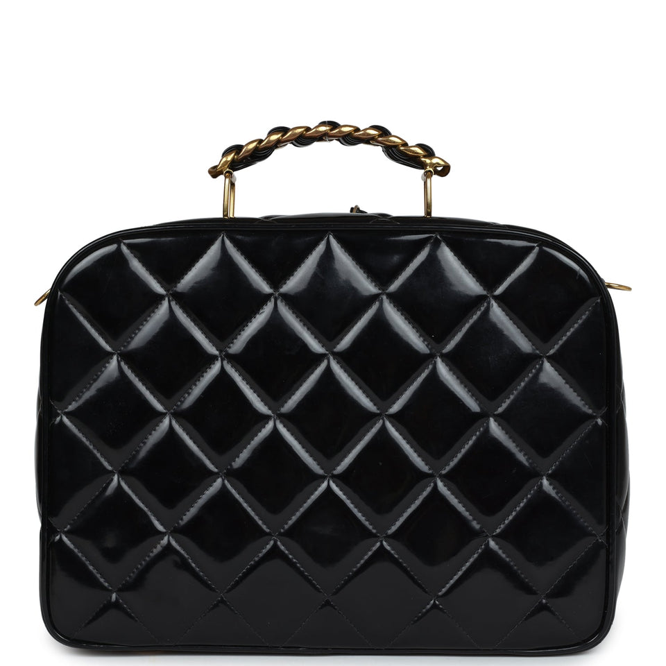 Chanel Vintage Lunchbox Vanity Black Patent Leather Gold Hardware