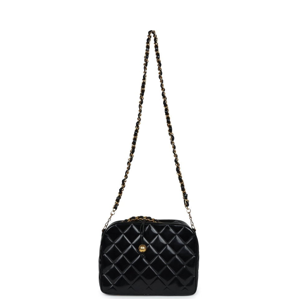 Chanel Vintage Lunchbox Vanity Black Patent Leather Gold Hardware