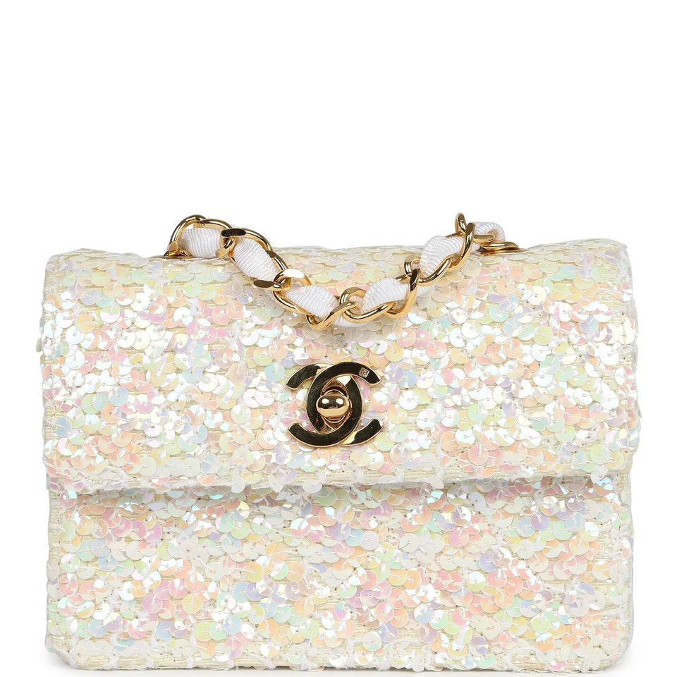 Chanel Vintage Micro Half Flap Iridescent Ivory Sequin Gold Hardware