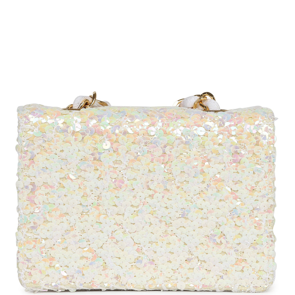Chanel Vintage Micro Half Flap Iridescent Ivory Sequin Gold Hardware