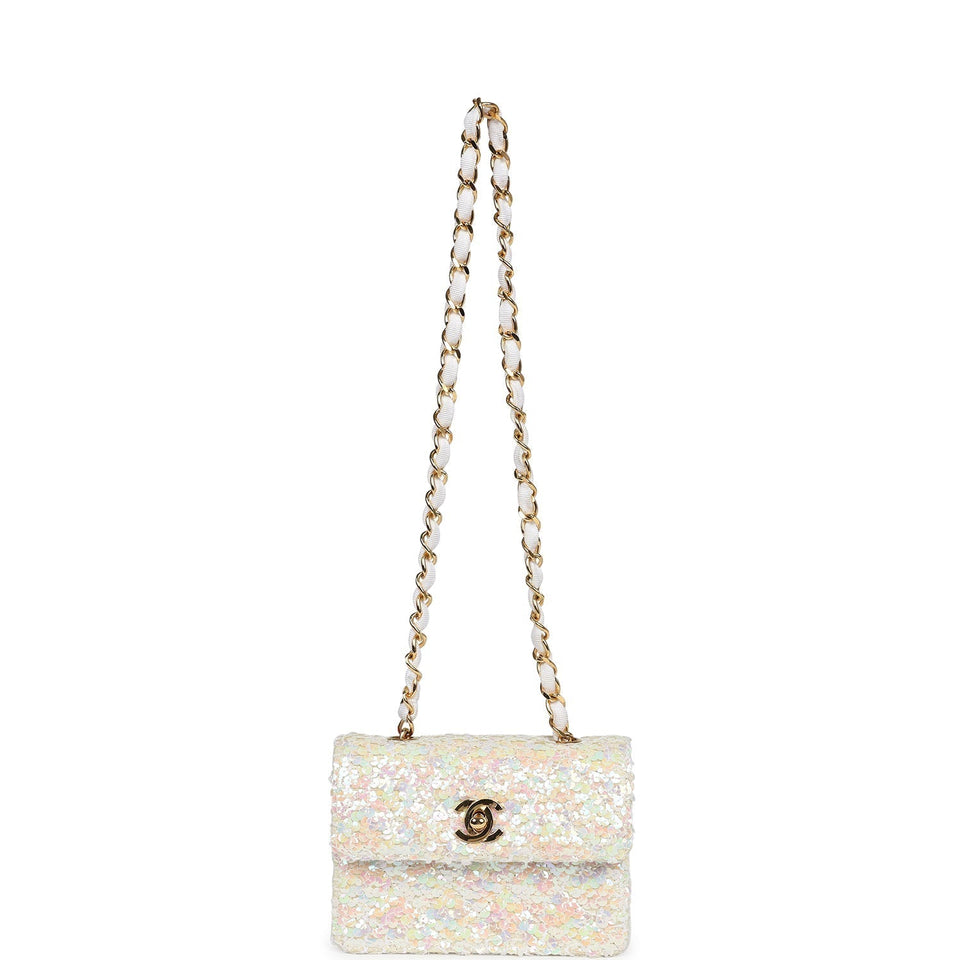 Chanel Vintage Micro Half Flap Iridescent Ivory Sequin Gold Hardware