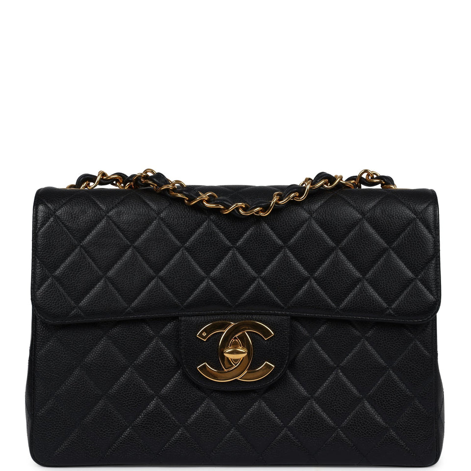 Chanel Vintage Jumbo Single Flap Bag Black Caviar Gold Hardware