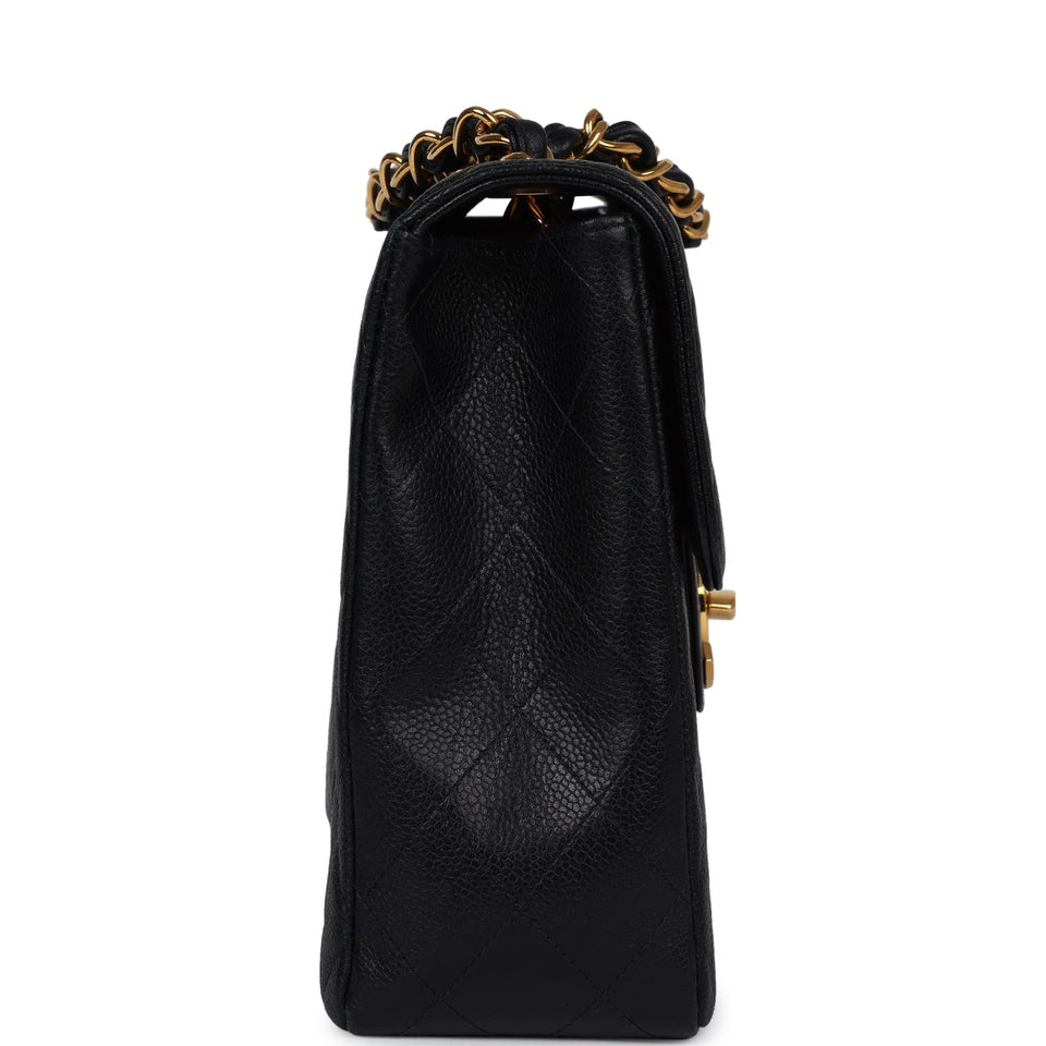 Chanel Vintage Jumbo Single Flap Bag Black Caviar Gold Hardware