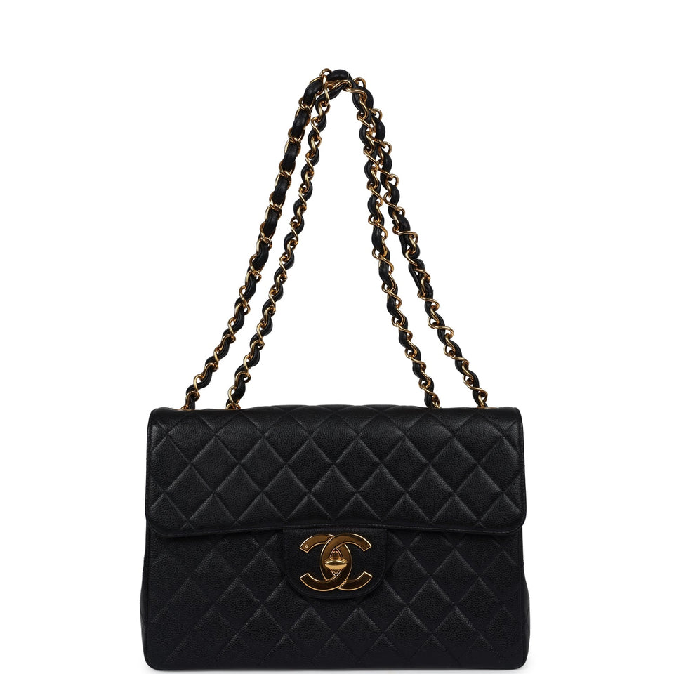 Chanel Vintage Jumbo Single Flap Bag Black Caviar Gold Hardware