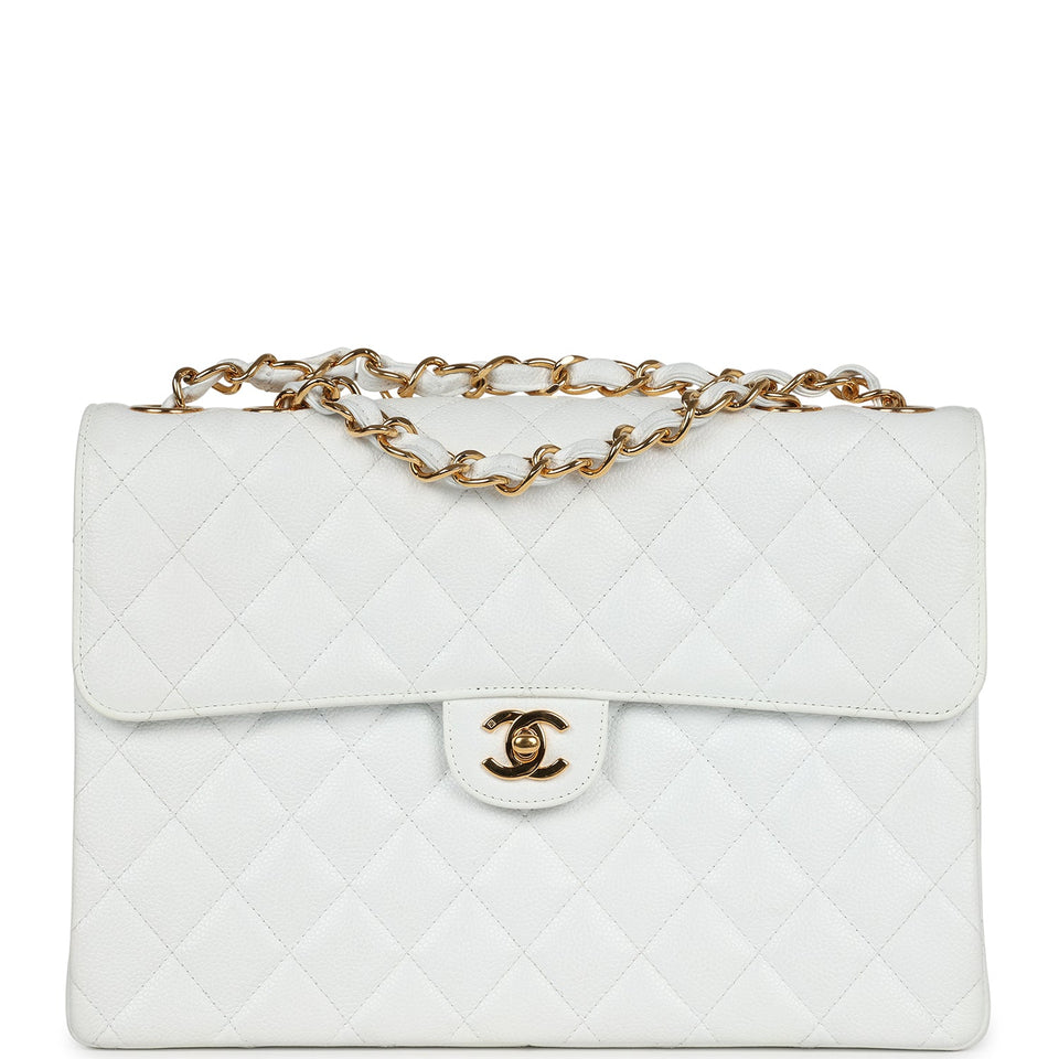 Chanel Vintage Jumbo Single Flap Bag White Caviar Gold Hardware