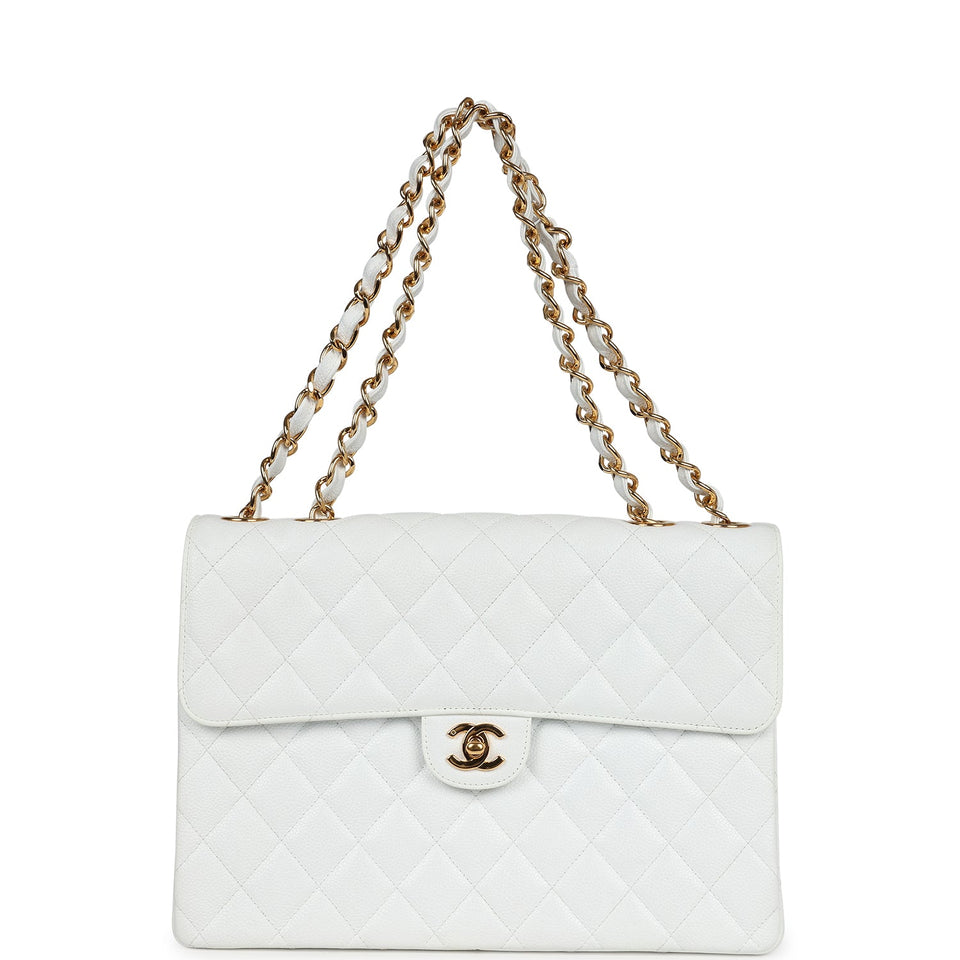 Chanel Vintage Jumbo Single Flap Bag White Caviar Gold Hardware