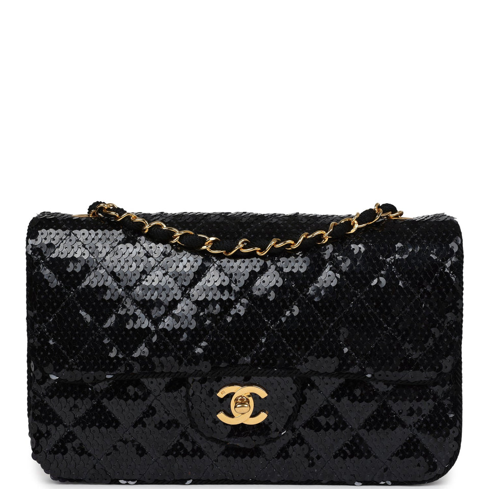 Chanel Vintage Small Flap Bag Black Sequin Gold Hardware