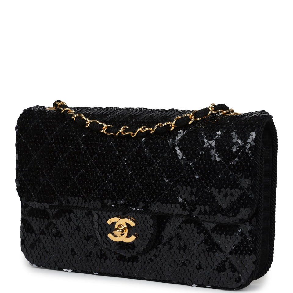 Chanel Vintage Small Flap Bag Black Sequin Gold Hardware
