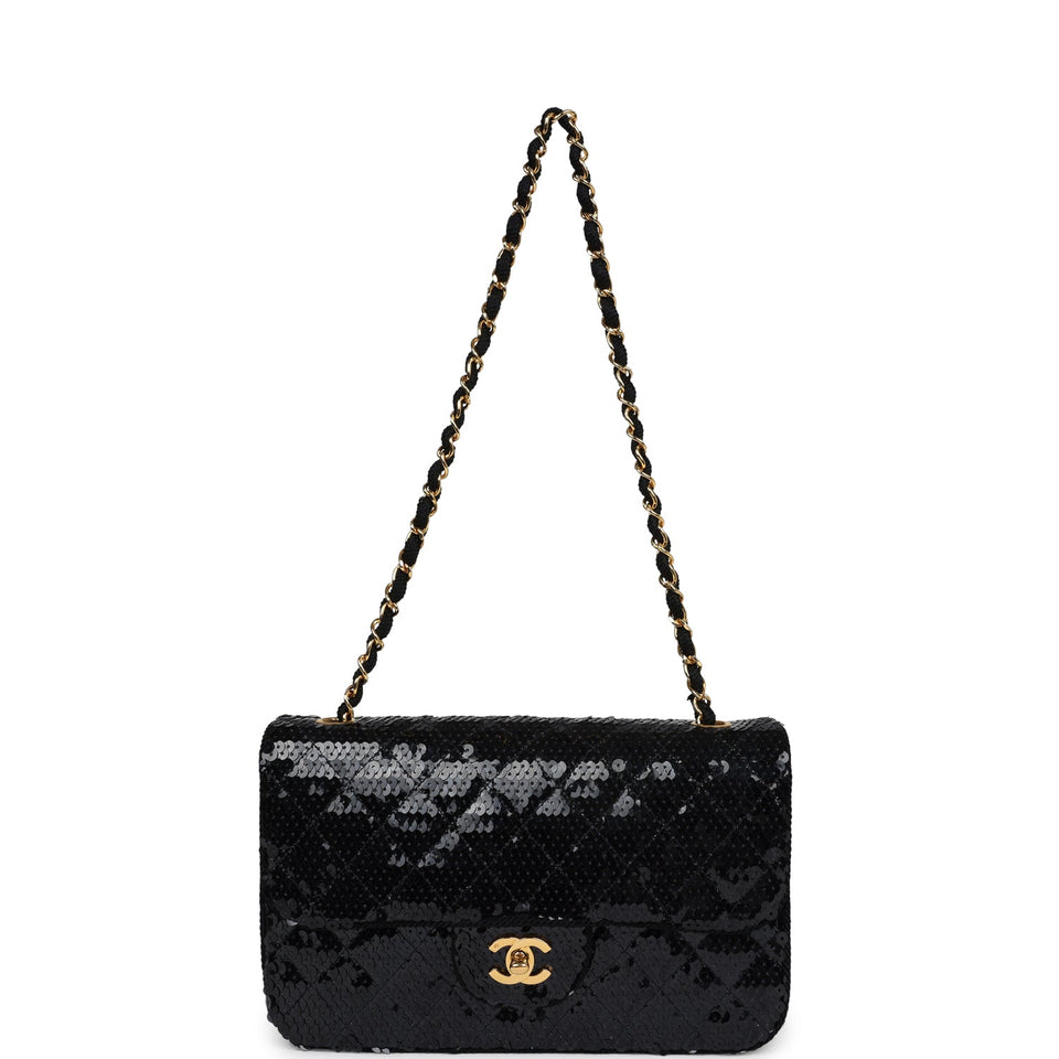 Chanel Vintage Small Flap Bag Black Sequin Gold Hardware