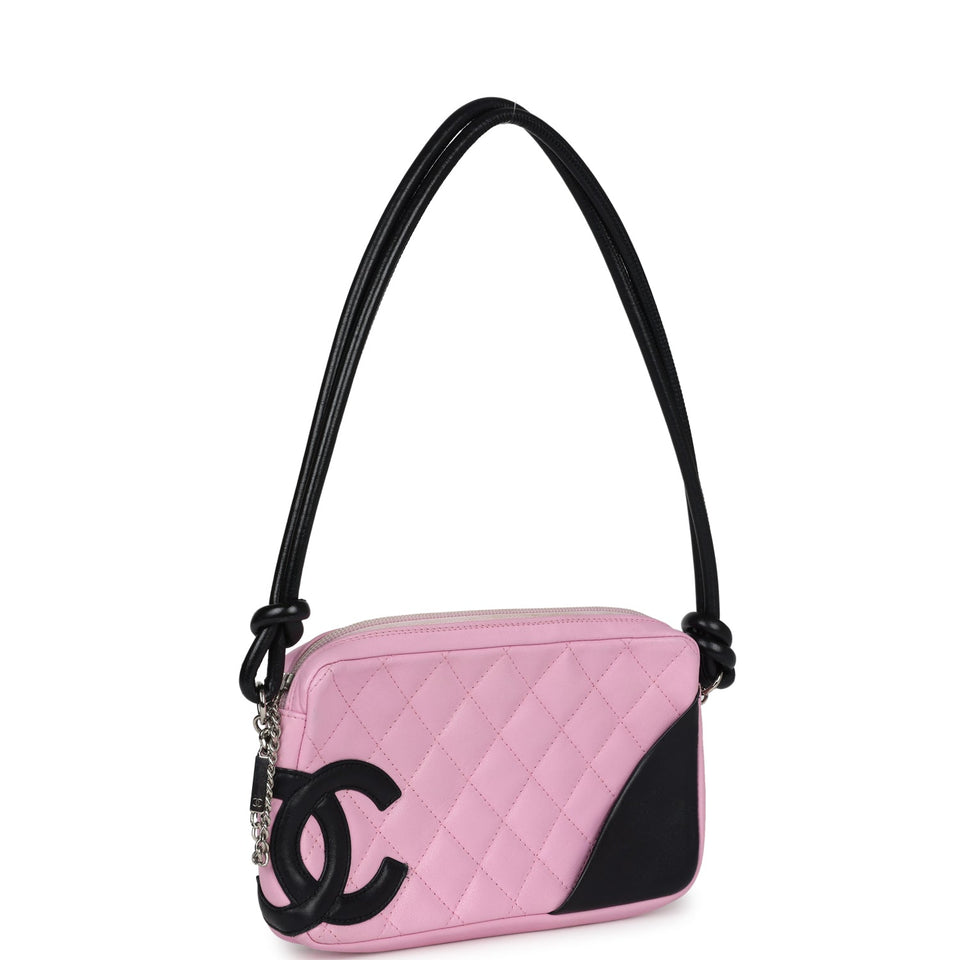Chanel Vintage Cambon Ligne Pink and Black Calfskin Pochette Silver Hardware