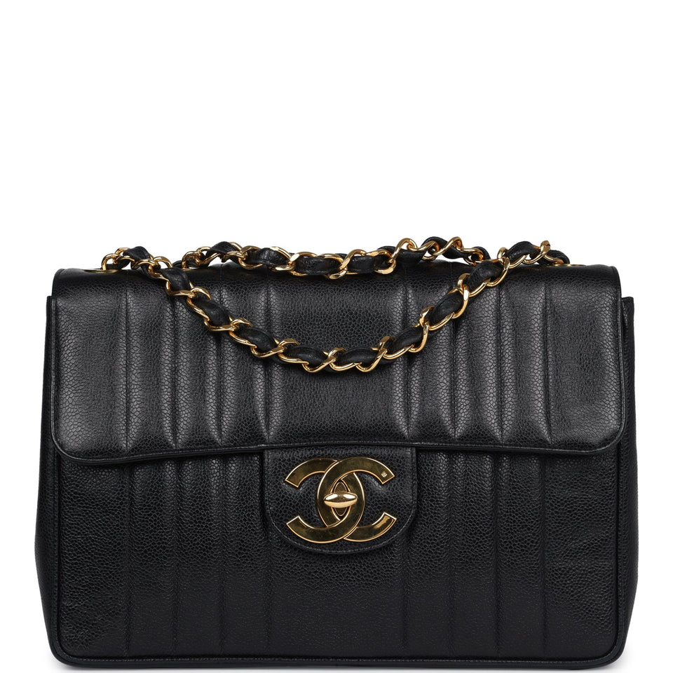 Chanel Vintage XL Jumbo Mademoiselle Vertical Flap Black Caviar Gold Hardware