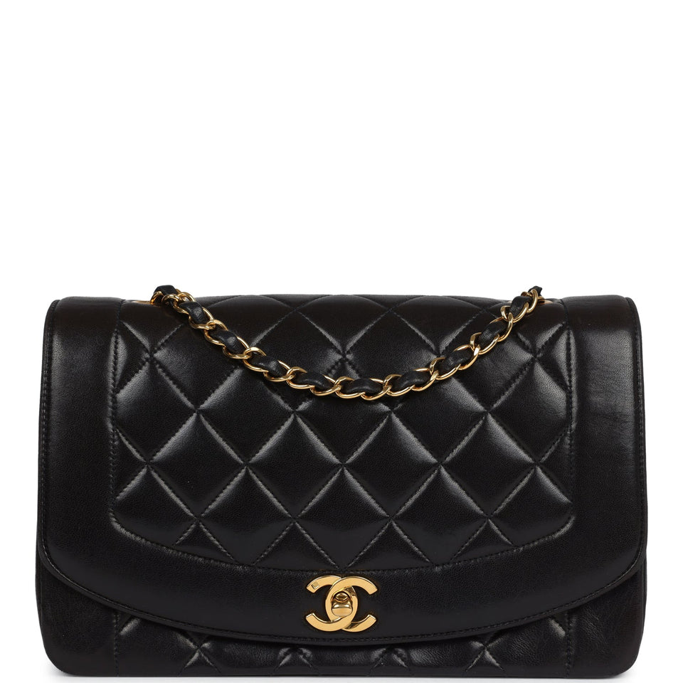 Chanel Vintage Medium Diana Flap Bag Black Lambskin Gold Hardware