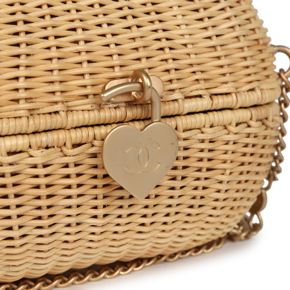 Chanel Vintage Small Heart Lock Basket Bag Natural Wicker Brushed Gold Hardware