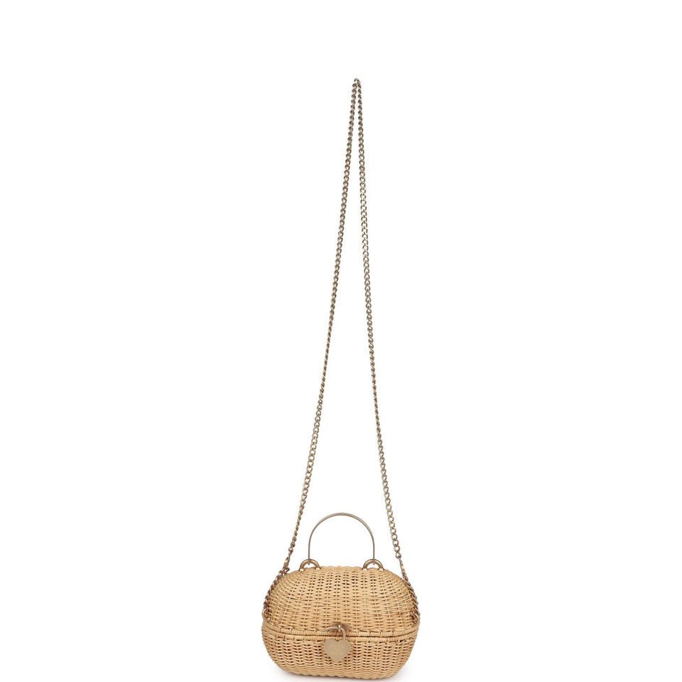 Chanel Vintage Small Heart Lock Basket Bag Natural Wicker Brushed Gold Hardware