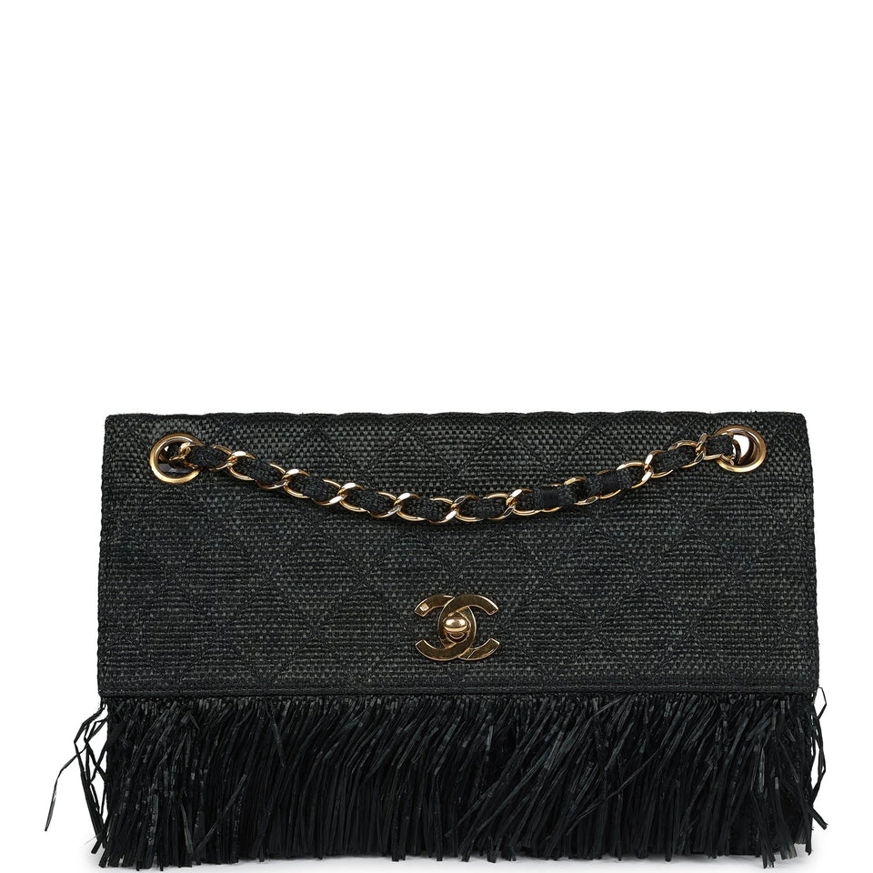 Chanel Vintage Quilted Fringe Single Flap Bag Black Raffia Gold Hardware