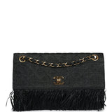 Chanel Vintage Quilted Fringe Single Flap Bag Black Raffia Gold Hardware