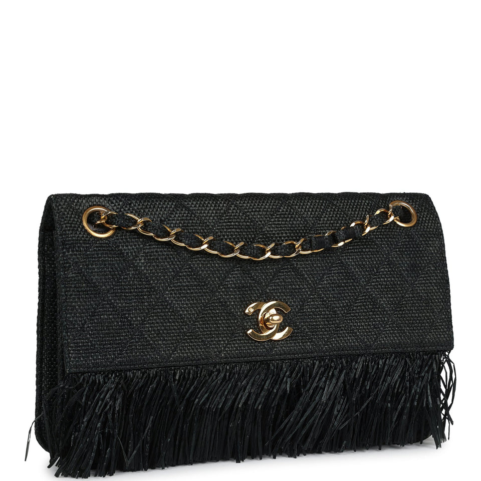 Chanel Vintage Quilted Fringe Single Flap Bag Black Raffia Gold Hardware