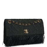 Chanel Vintage Quilted Fringe Single Flap Bag Black Raffia Gold Hardware