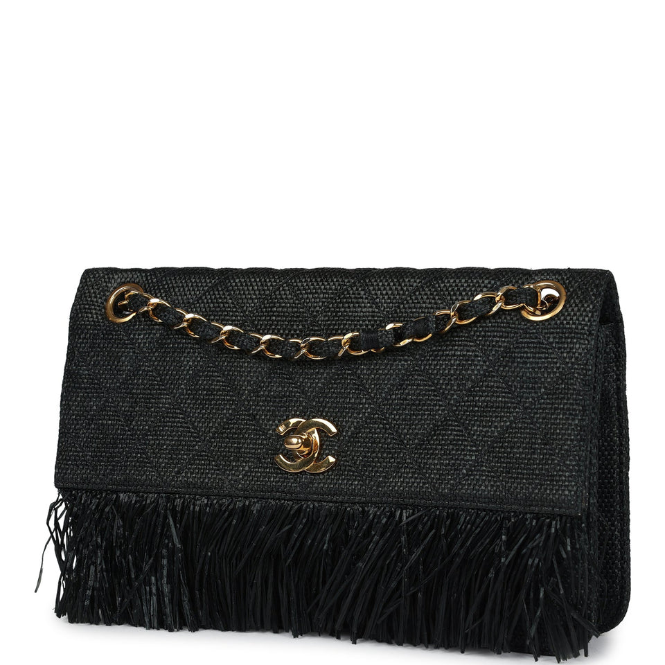 Chanel Vintage Quilted Fringe Single Flap Bag Black Raffia Gold Hardware