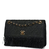 Chanel Vintage Quilted Fringe Single Flap Bag Black Raffia Gold Hardware