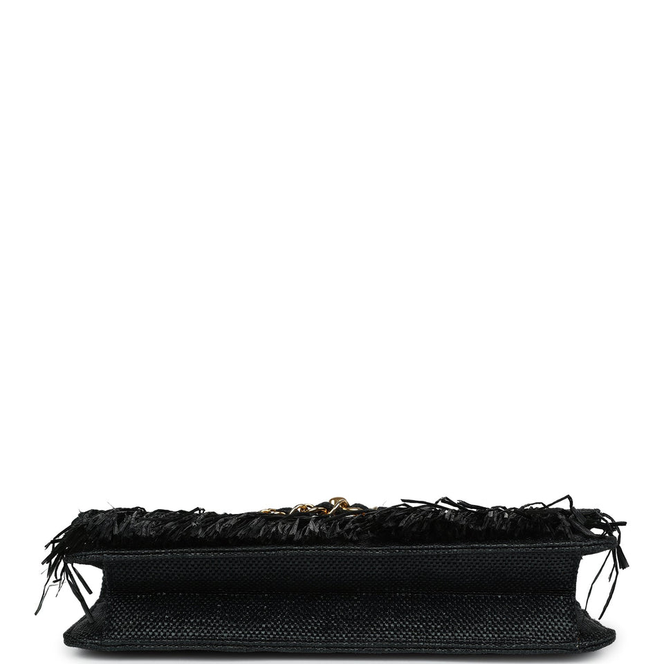 Chanel Vintage Quilted Fringe Single Flap Bag Black Raffia Gold Hardware
