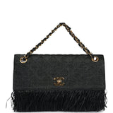Chanel Vintage Quilted Fringe Single Flap Bag Black Raffia Gold Hardware