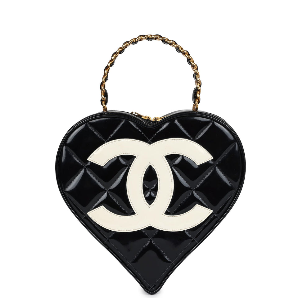 Chanel Vintage Heart Vanity Bag Black and White Patent Antique Gold Hardware