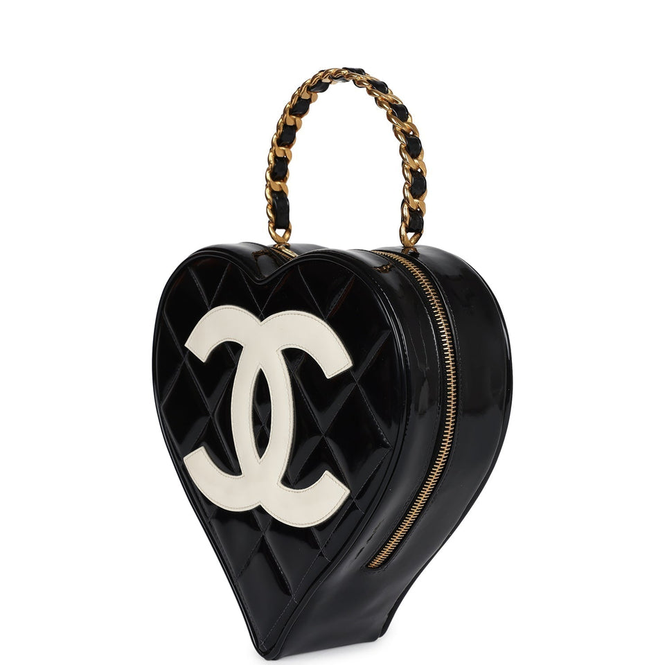 Chanel Vintage Heart Vanity Bag Black and White Patent Antique Gold Hardware