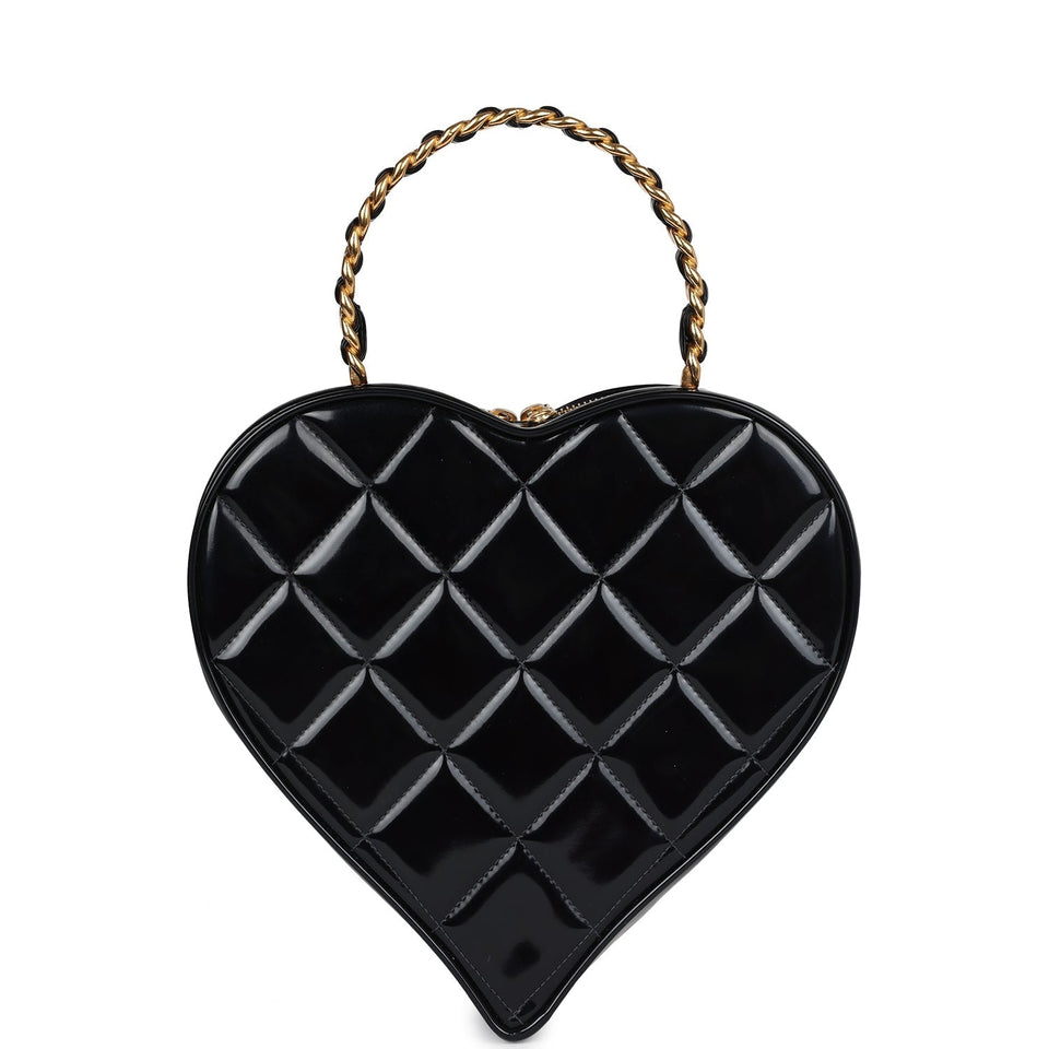 Chanel Vintage Heart Vanity Bag Black and White Patent Antique Gold Hardware