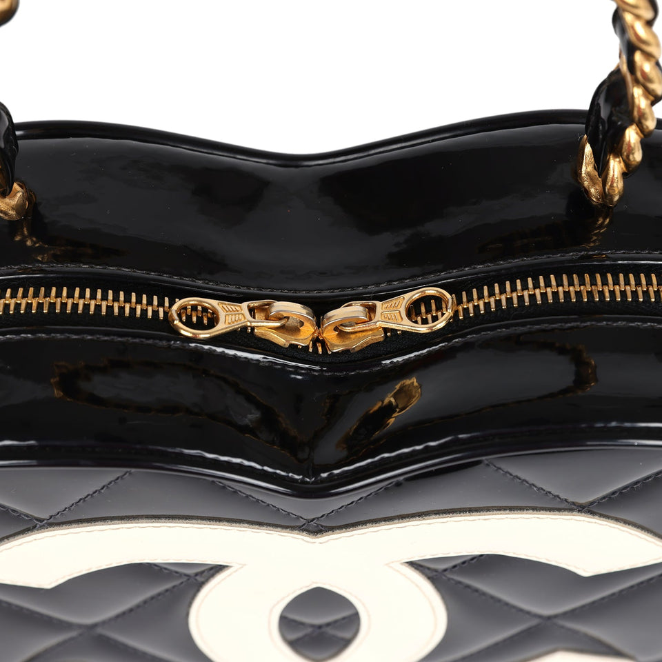 Chanel Vintage Heart Vanity Bag Black and White Patent Antique Gold Hardware