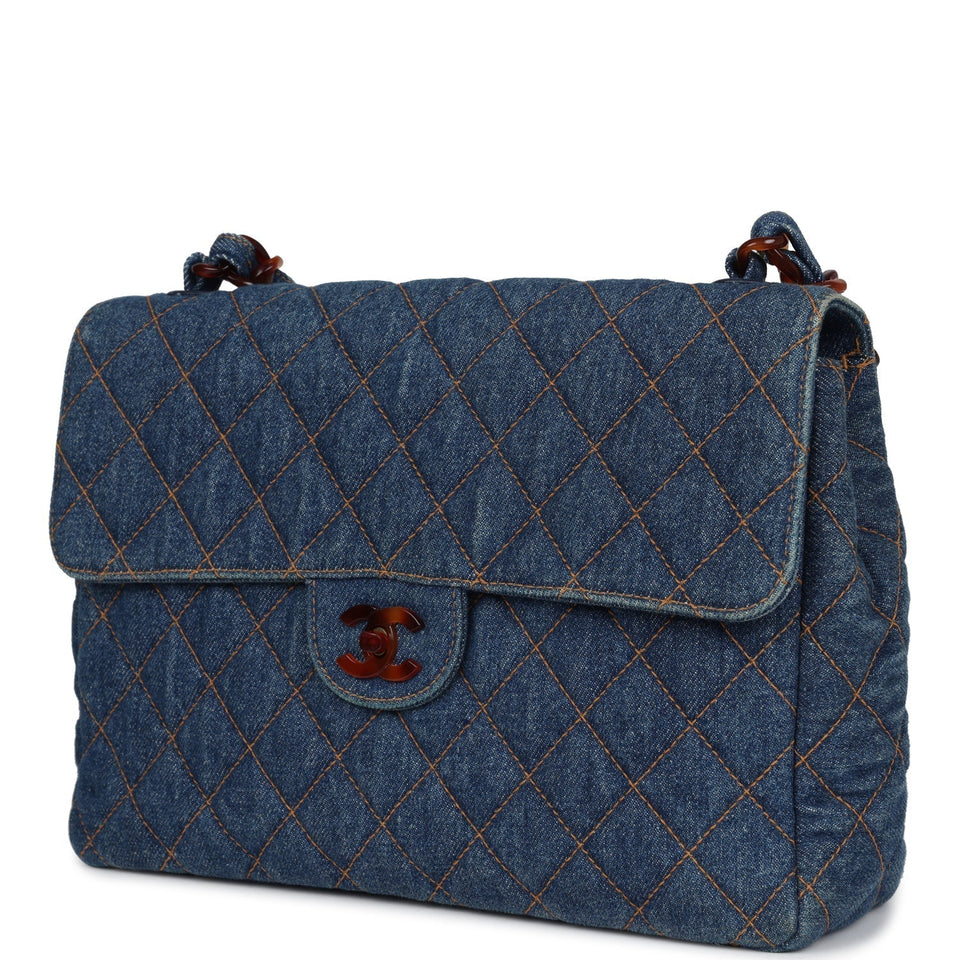 Chanel Vintage Jumbo Single Flap Bag Blue Denim Tortoiseshell Bakelite Hardware