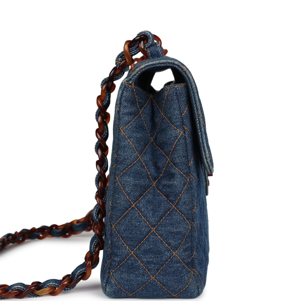 Chanel Vintage Jumbo Single Flap Bag Blue Denim Tortoiseshell Bakelite Hardware