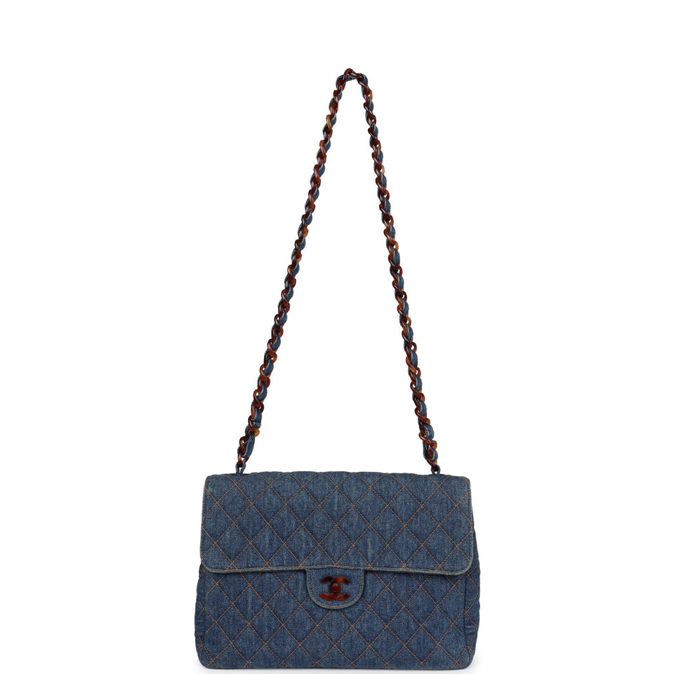 Chanel Vintage Jumbo Single Flap Bag Blue Denim Tortoiseshell Bakelite Hardware