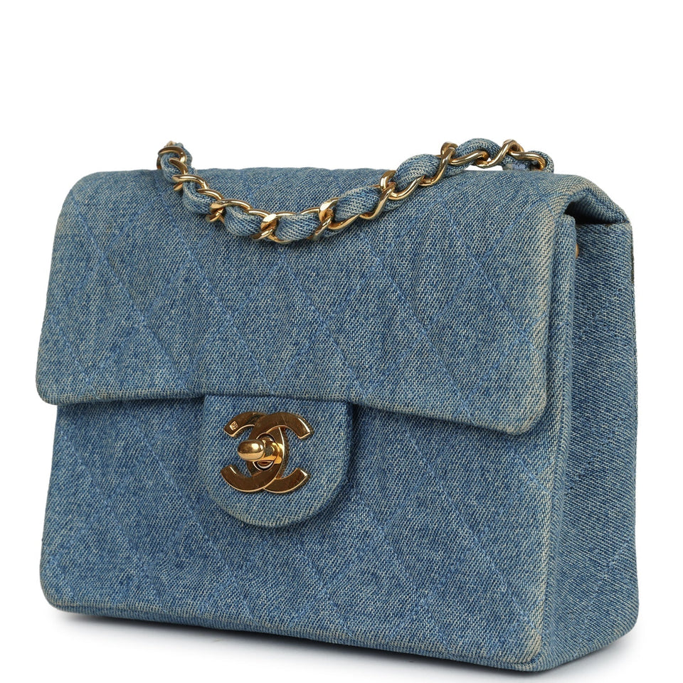 Chanel Vintage Mini Square Flap Bag Blue Denim Gold Hardware