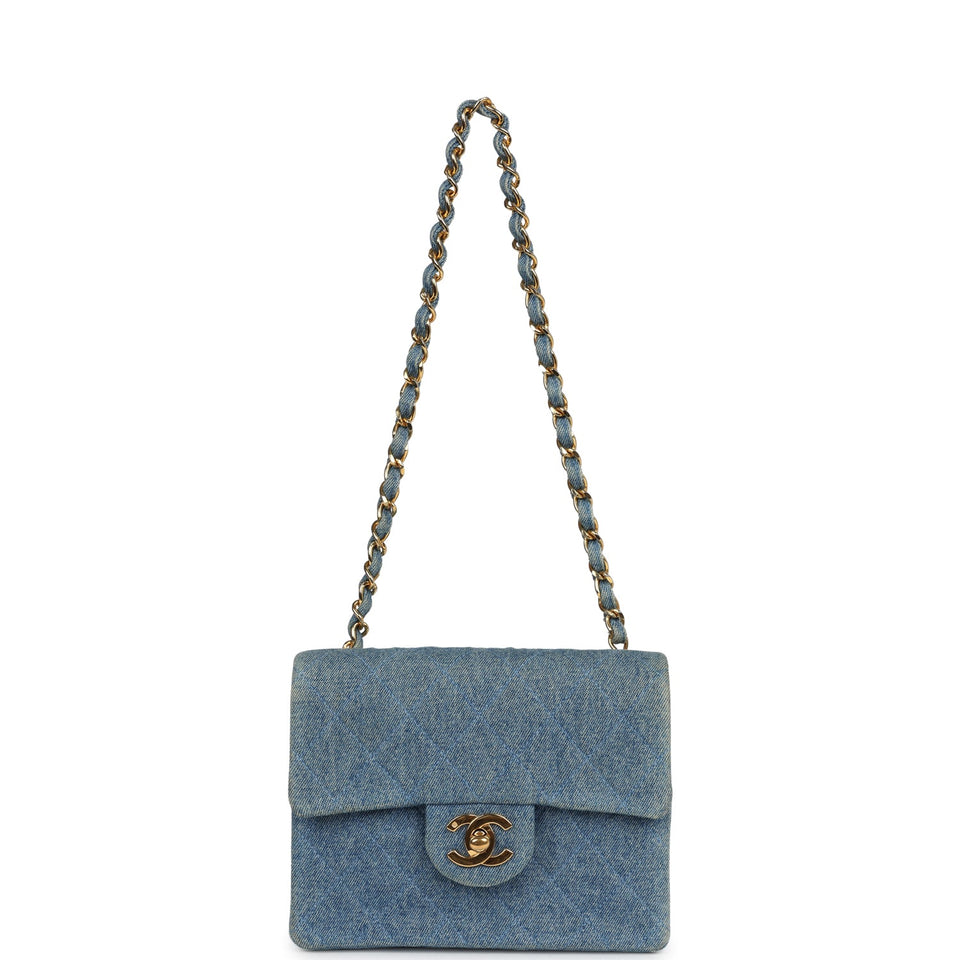 Chanel Vintage Mini Square Flap Bag Blue Denim Gold Hardware
