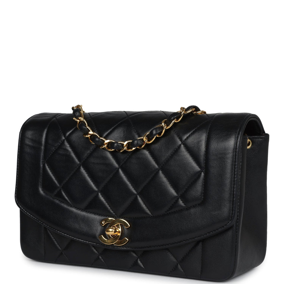 Chanel Vintage Small Diana Flap Bag Black Lambskin Gold Hardware