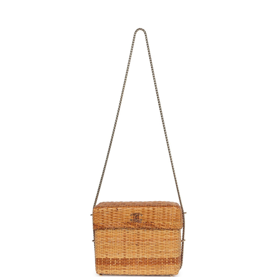 Chanel Vintage Small Picnic Basket Bag Natural Wicker Gold Hardware