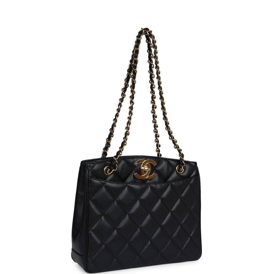 Chanel Vintage Medium CC Turnlock Tote Black Caviar Gold Hardware