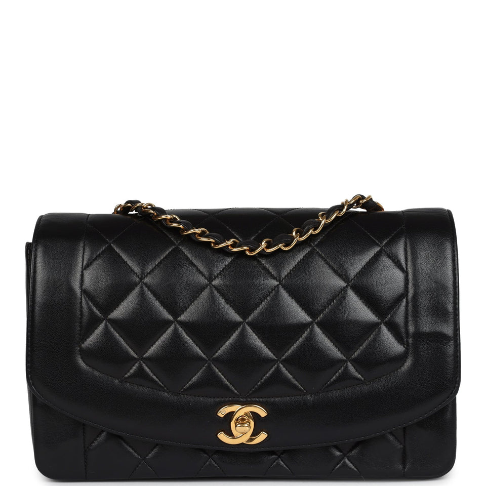 Chanel Vintage Medium Diana Flap Bag Black Lambskin Gold Hardware