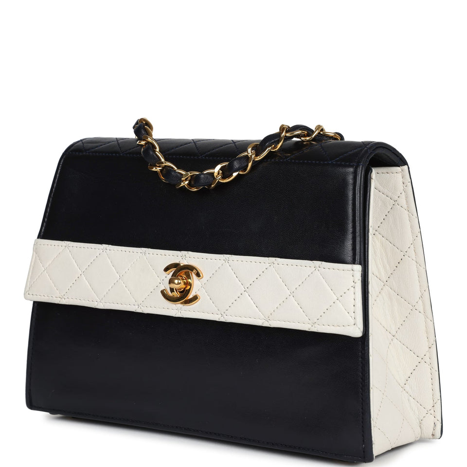 Chanel Vintage Trapezoid Flap Bag Navy and White Lambskin Gold Hardware