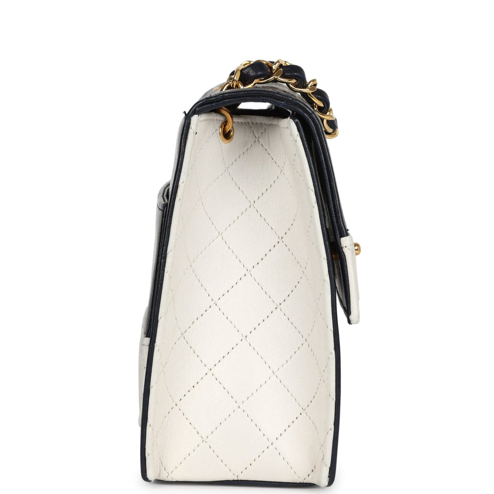 Chanel Vintage Trapezoid Flap Bag Navy and White Lambskin Gold Hardware