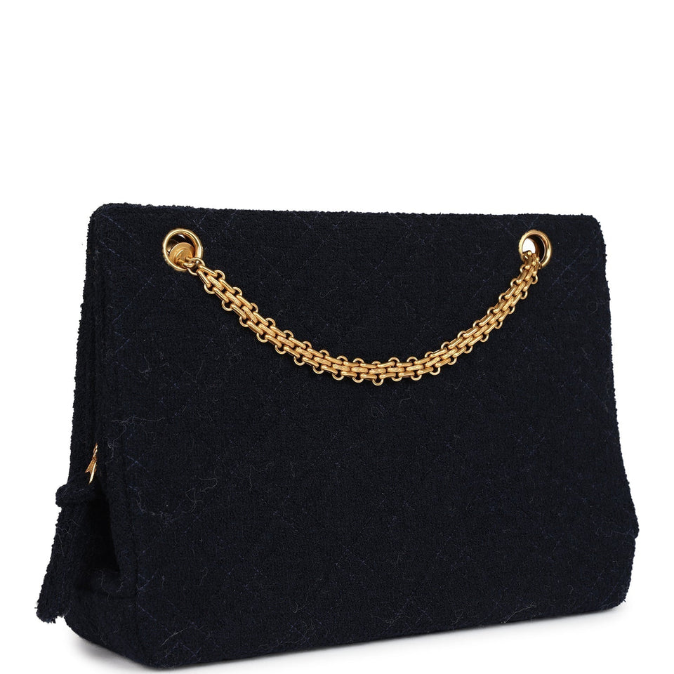 Chanel Vintage Shoulder Bag Navy Tweed Gold Hardware