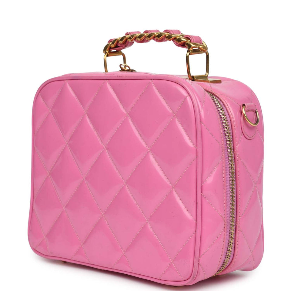 Chanel Vintage Lunchbox Vanity Bag Pink Patent Gold Hardware