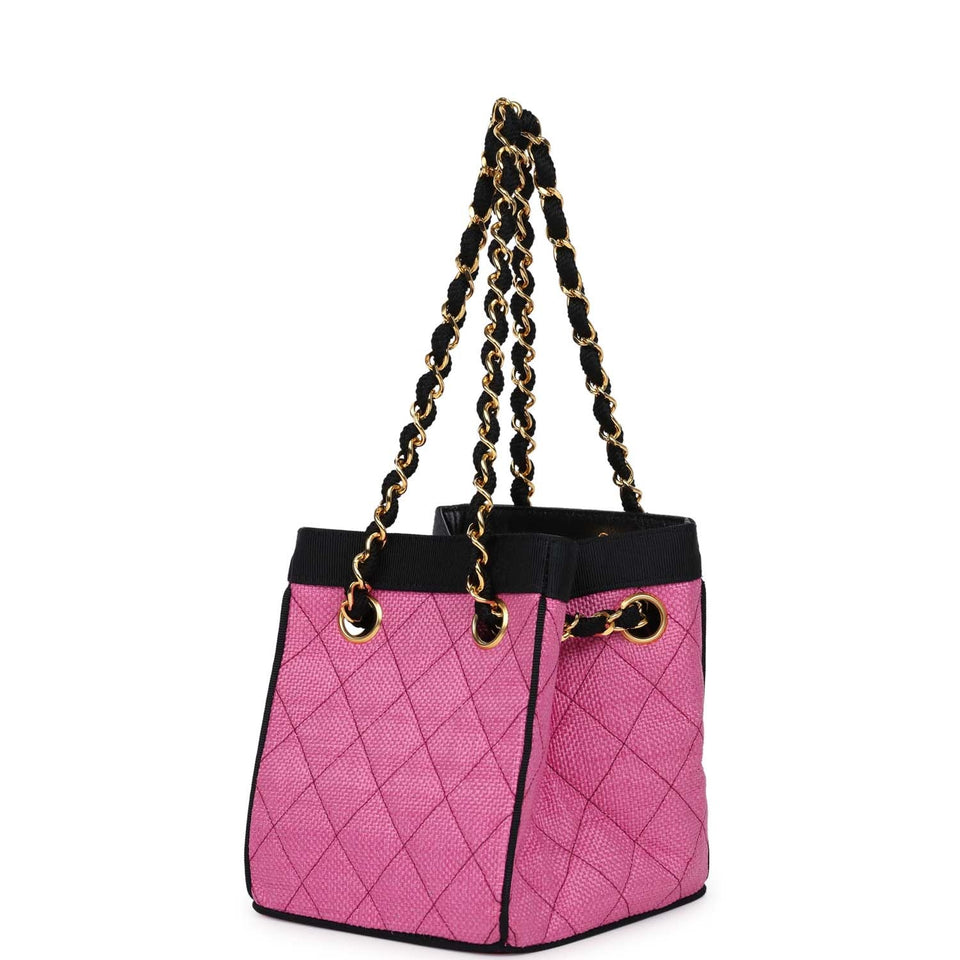 Chanel Vintage Set of Two Mini Bucket Bag & Oval Handbag Pink and Black Raffia Gold Hardware