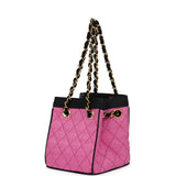 Chanel Vintage Set of Two Mini Bucket Bag & Oval Handbag Pink and Black Raffia Gold Hardware