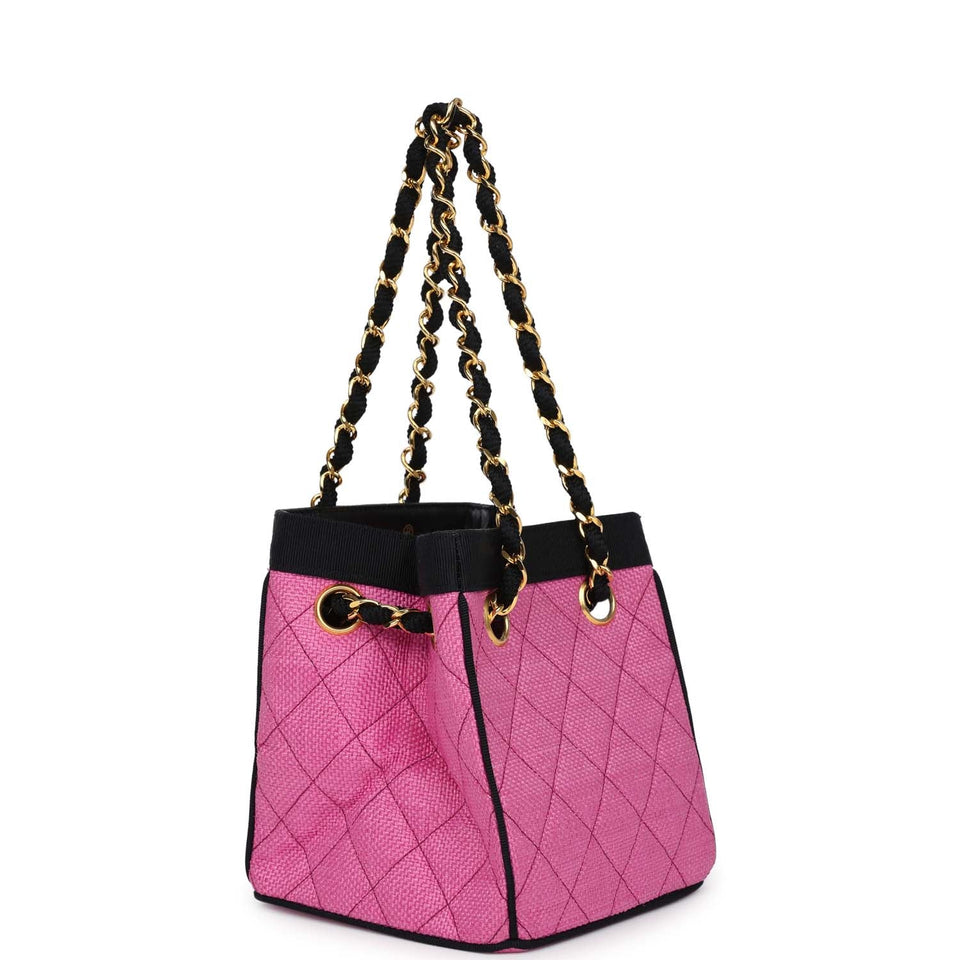 Chanel Vintage Set of Two Mini Bucket Bag & Oval Handbag Pink and Black Raffia Gold Hardware